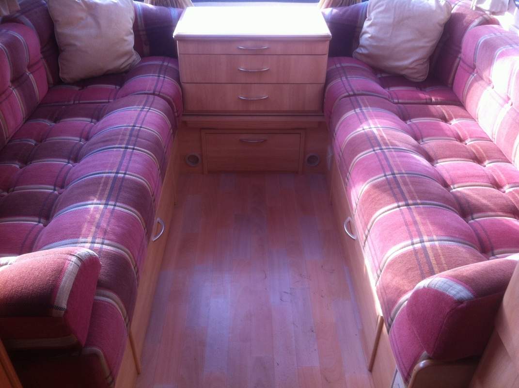 Pink and purple check caravan upholstery